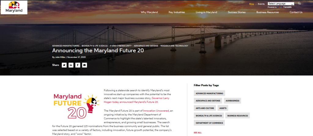 Resensys recognized in Innovation Uncovered’s, The Maryland Future 20 after a state-wide search for innovators, entrepreneurs and manufacturing mover-and-shakers
Governor Hogan Announces Maryland's Future 20 Start-Up Companies