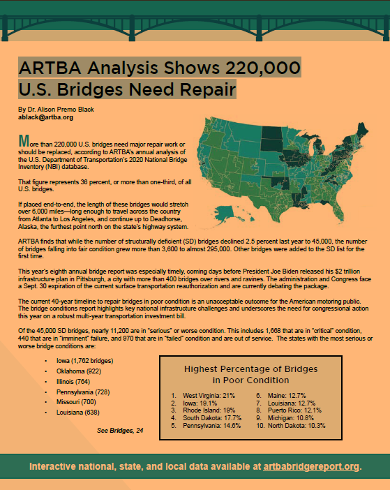 ARTBA Analysis Shows 220,000
U.S. Bridges Need Repair. Wireless sensor remote structural health monitoring infrastructure